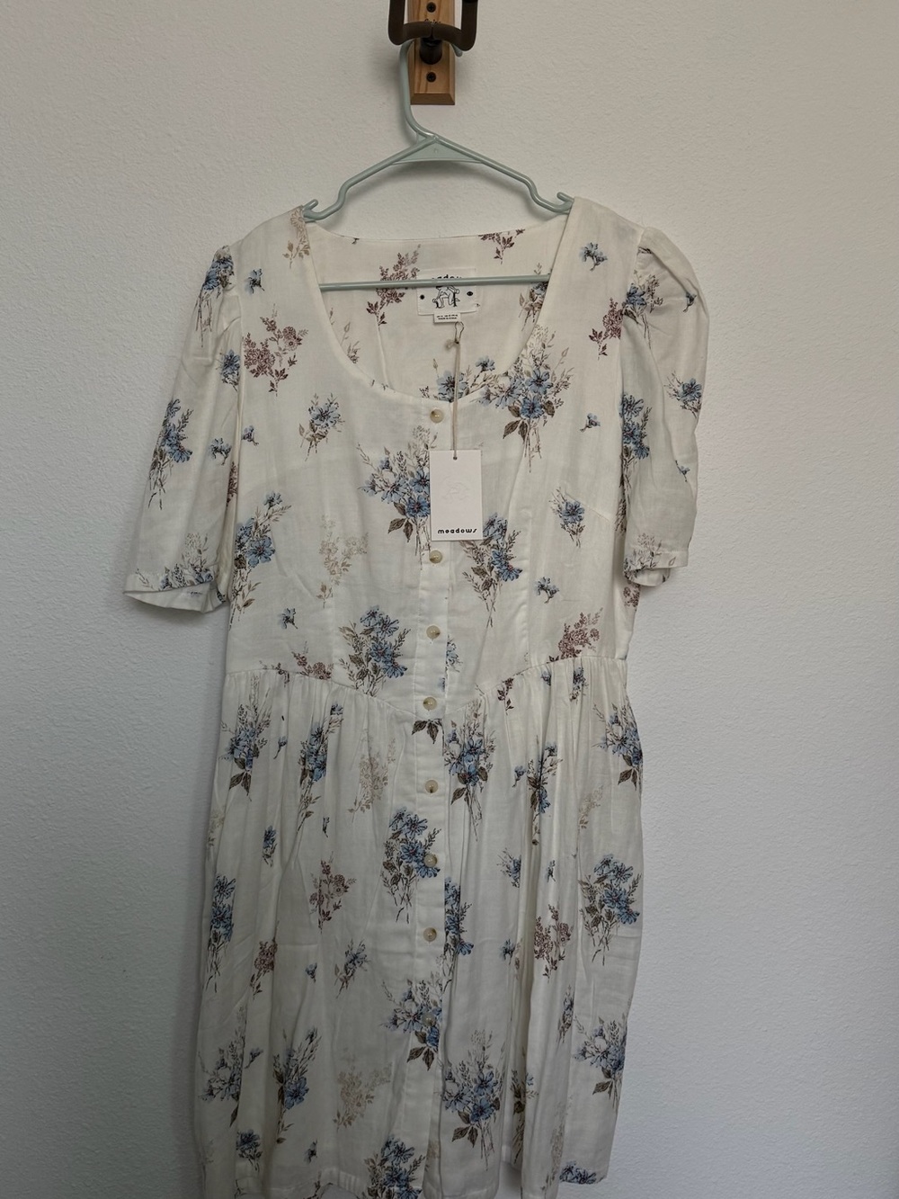 Meadows - from Lisa Says GahButton-Front Summer Dress in Cream with Blue Bouquet